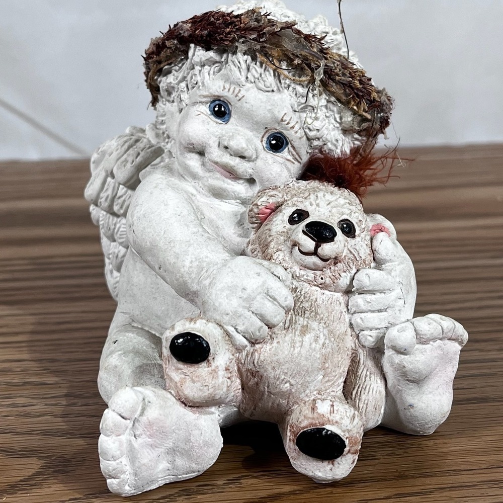 Cherub Angel Figurine Teddy Bear Sitting Resin 1991 Signed Kristmas